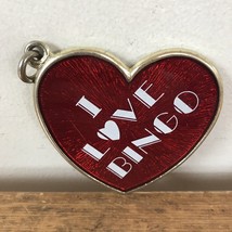 Vintage 80s Brass Metal I Love Bingo Red Enamel Heart Good Luck Keychain Charm - £21.25 GBP