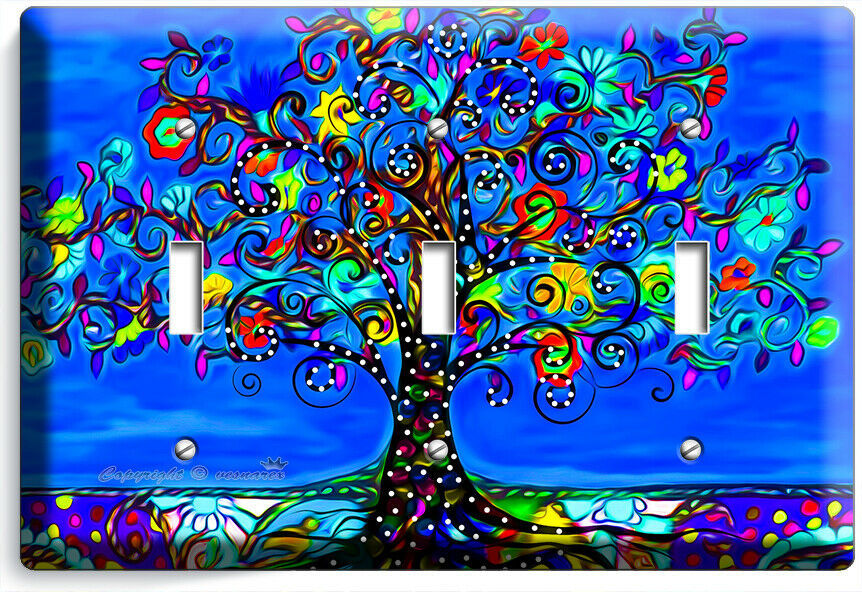 BLUE MEXICAN TREE OF LIFE FOLK ART 3 GANG LIGHT SWITCH WALL PLATES BEDROOM DECOR