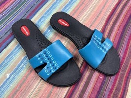 Okabashi Women&#39;s Blue Slides Flip Flop Sandals Blue Circle Dots Size M/L... - £14.34 GBP