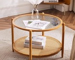 25.6&quot; Rattan Coffee Table, Round Water-Wave Glass Metal Center Table, Mo... - $214.99