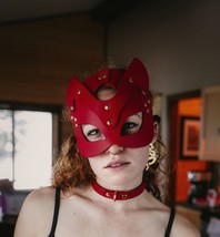 BDSM Red Leather Kitty Cat Mask with Gold Hardware, Mona Frisky Cat Costume Mask - £83.93 GBP