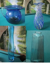 Blue Glass Vase Bubbles Lines Hand Blown Bohemian Spain Pick 1 - $75.99