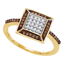 10k Yellow Gold Round Brown Color Enhanced Diamond Square Frame Cluster Ring - £191.84 GBP