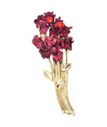 Signed Red Roses Pin Brooch DM 97 Bouquet Gold Tone 2&quot; Long Timeless Beauty - $9.90