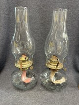 Pair Of Vintage Clear Hobnail Small Font Oil Lamp W/ Chimneys 13” Tall - £27.18 GBP