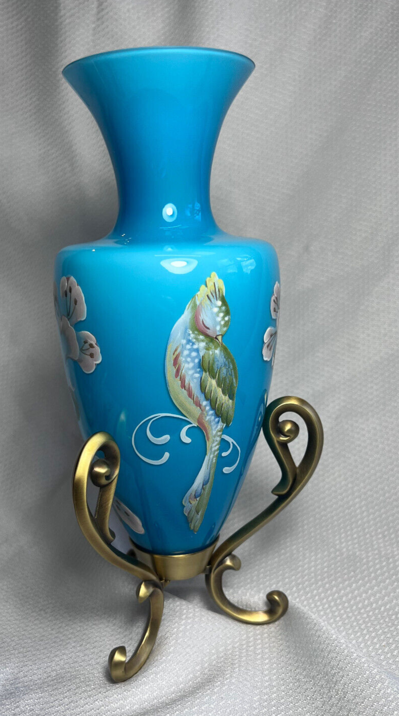 Fenton Cased Blue Glass Vase On Stand Landmark Collection 2005 Signed #4215/8800 - $79.95