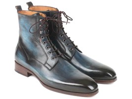 Paul Parkman Mens Shoes Boots Blue Brown Leather Plain Toe Handmade BT548AW - £403.07 GBP