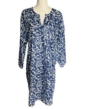 Shift Dress Beach Cover Up Blue White Batik Cotton V Neck Long Sleeve XX... - £18.19 GBP