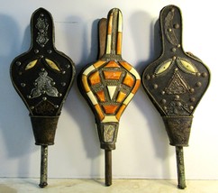 Set of Three Antique Moroccan Bellows Wall Decor Wood Leather Bone Silver  - £55.38 GBP