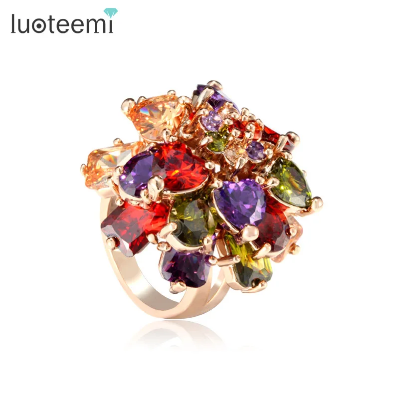 LUOTEEMI My Mona Lisa Champagne Gold-Color Multi-Color  Stone Big Women Rings Bl - $36.44