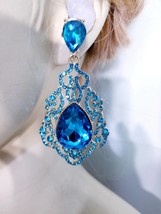 Rhinestone Drop Earrings, Aqua Crystal Earrings, Bridal Prom Pageant Jewelry, Dr - £29.21 GBP