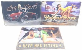 Lot of 3 Girls 3D Tin Metal Sign Hot Rod Keep Her Flying &amp; Yellow Rose 1... - £20.89 GBP