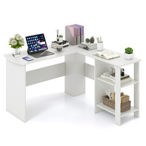 Large Modern L-shaped Computer Desk with 2 Cable Holes and 2 Storage Shelves-Whi - €148,83 EUR
