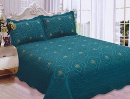 ANNA FLOWERS EMBROIDERED TURQUOISE COLOR BEDSPREAD COVERLET SET 3 PCS QU... - $49.49