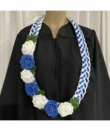Graduation Lei Flower Royal Blue White Roses Flowers Leaves Four Braided... - $49.50