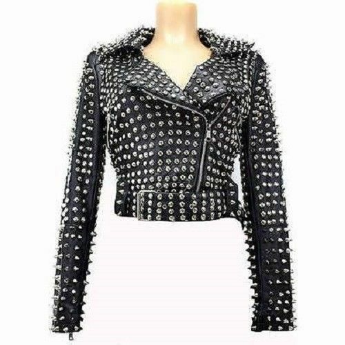 Women Black Biker Genuine Leather Silver Spike Full Studs Belted Cropped Jacket