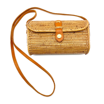 Wicker Rattan Crossbody Handbag Brown Fabric Lined Bohemian Summer Hippie - £25.58 GBP