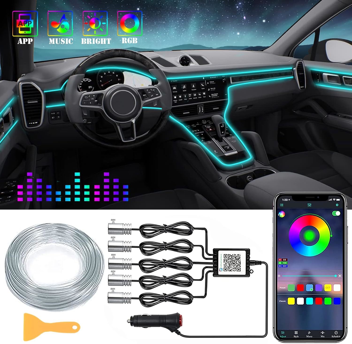 Interior Car Led Strip Lights, Rgb 5 In 1 Ambient Lighting Kits With 236... - $33.99