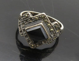 925 Sterling Silver  - Vintage Black Onyx &amp; Marcasite Band Ring Sz 6 - RG19437 - £25.04 GBP
