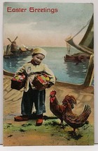 Easter Greetings Sweet Dutch Child w/ Eggs Seaside Roosters 1909 Postcard G11 - £5.55 GBP