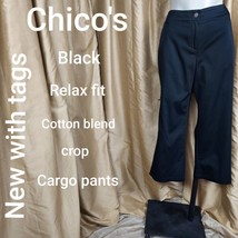 New With Tag Chico&#39;s Size 0 Black Crop Relax Fit Cargo Pants - £20.78 GBP