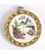 Vintage Chinese Hand-Painted Landscape &amp; Calligraphy Pendant Goldtone Frame - $55.15 CAD