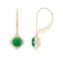 Emerald Vintage Inspired Earrings with Diamond in 14K Gold (Grade-AA , 5MM) - £1,200.63 GBP