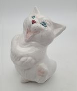 Unique Majolica (?) White CAT Figurine Vintage Blue Eyes Feline Happy Sm... - $25.00