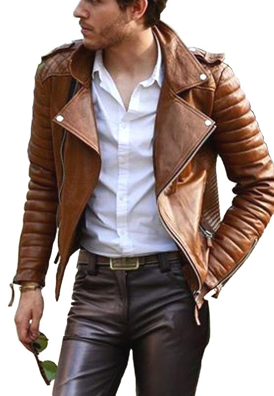 handmade Men Unique Style Leather Biker Quilted Jacket, Men Brown Leather Jacket