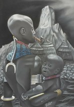 Signed J. BISHOP Father &amp; Son African Maasai African Tribal Pastel  Drawing - $321.74