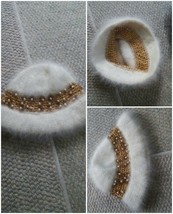 015 Vintage Gold &amp; White Fuzzy Wool? Mohair? Hat Tobaggan Sequin Pearls - £11.79 GBP