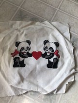two pandas holding a heart Cross Stitch Vintage Picture FINISHED - $20.42