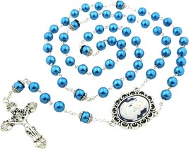 Head of Christ Cameo Rosary Blue 8mm Glass Imitation Pearl Beads Double-Capped - £13.53 GBP
