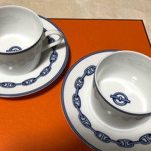 Hermes Chaine D&#39;Ancre Teacup And Saucer 2 Set Blue Tableware Coffee r92 - £371.99 GBP