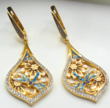 Vintage 925 CZ Enamel Flower Dragonfly Dangle Earrings  2&quot; Long - £59.16 GBP