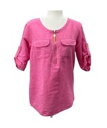 Ellen Tracy Pink Linen Cotton Top S Gold Zip Tassel 3/4 Sleeve Pockets S... - $36.66 CAD