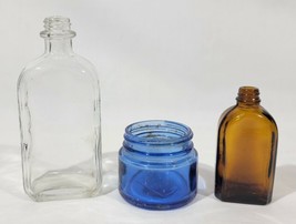 3 Vintage Bottles Jars Amber Blue Clear Apothecary - $20.33 CAD