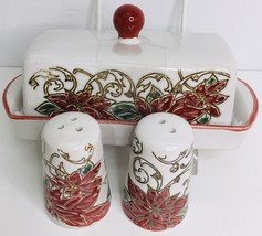 Butter Dish &amp; Salt Pepper Shakers Poinsettia Etched Xmas Stoneware New - $28.94