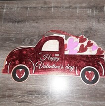 Valentine&#39;s Day decor Hanging Wall Sign - 16X8” Glitter Red Truck w/heart - £12.65 GBP