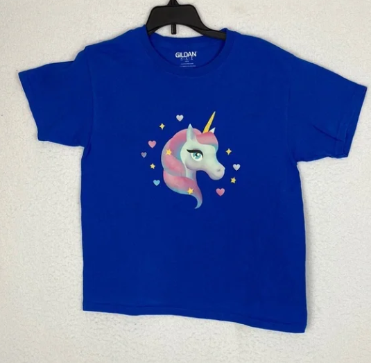 Girls kids blue t-shirt unicorn love size Medium - $3.00