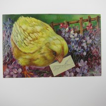 Easter Postcard Yellow Chick &amp; Envelope Purple Flowers Gold Embossed Antique - £11.98 GBP