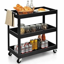 Black Steel Frame Kitchen Serving Utility Cart on Wheels with 2 Bottom Shelves - $183.64