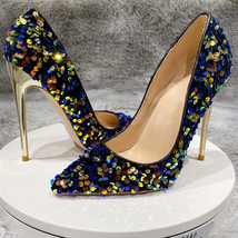 Tikicup Blue Bling Sequins Women Sexy Extremely High Heels Pointed Toe Slip On S - £59.73 GBP