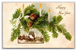 Happy New Year Winter Cabin Scene Pine Boughs Embossed DB Postcard H24 - £3.72 GBP