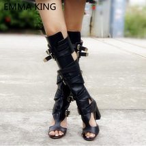 New Sexy Summer Chunky Knee High Motorcycle Boots Women Peep Toe Cut-Out High He - £148.56 GBP
