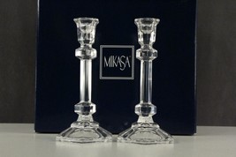 Modern MIKASA Clear Crystal Candleholder Pair WASHINGTON Pattern T7270338 - £27.30 GBP