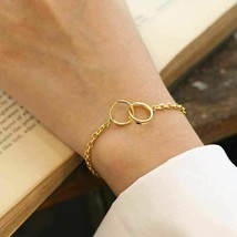 925 Sterling Silver Double Interlocking Circle Gold Chain Adjustable Bracelet 7&quot; - £68.67 GBP