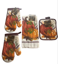 Pumpkin Dish Towel Oven Mitts Pot Holder Set of 4 Thanksgiving Fall Autumn - £20.13 GBP
