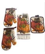 Pumpkin Dish Towel Oven Mitts Pot Holder Set of 4 Thanksgiving Fall Autumn - £20.23 GBP