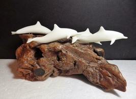 Vintage John Perry 4 Dolphin Pod Sculpture Burled Wood Base - £35.61 GBP